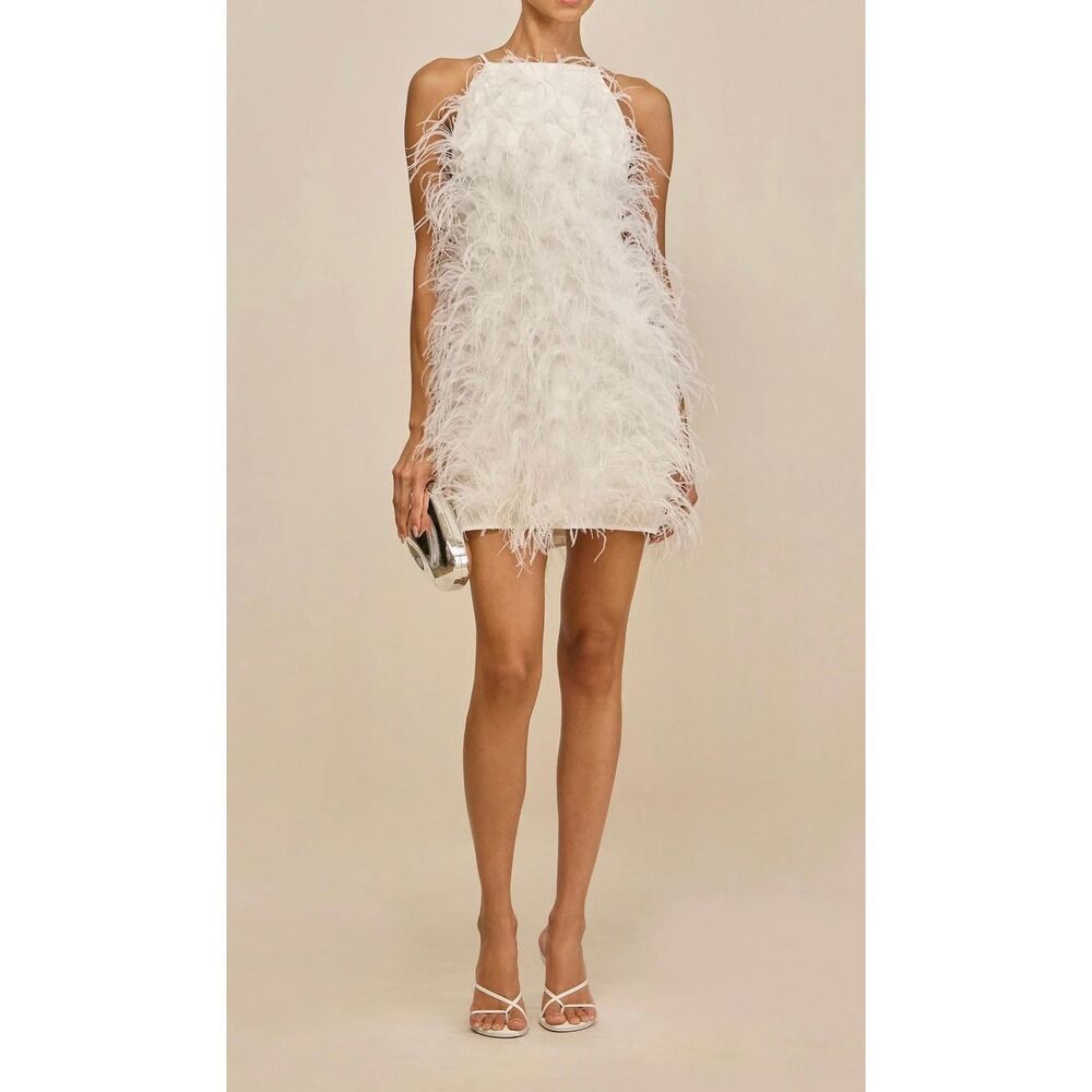 Nwt Cult Gaia Shannon Real Ostrich Feather A-Line Off White Mini Dress Women's L